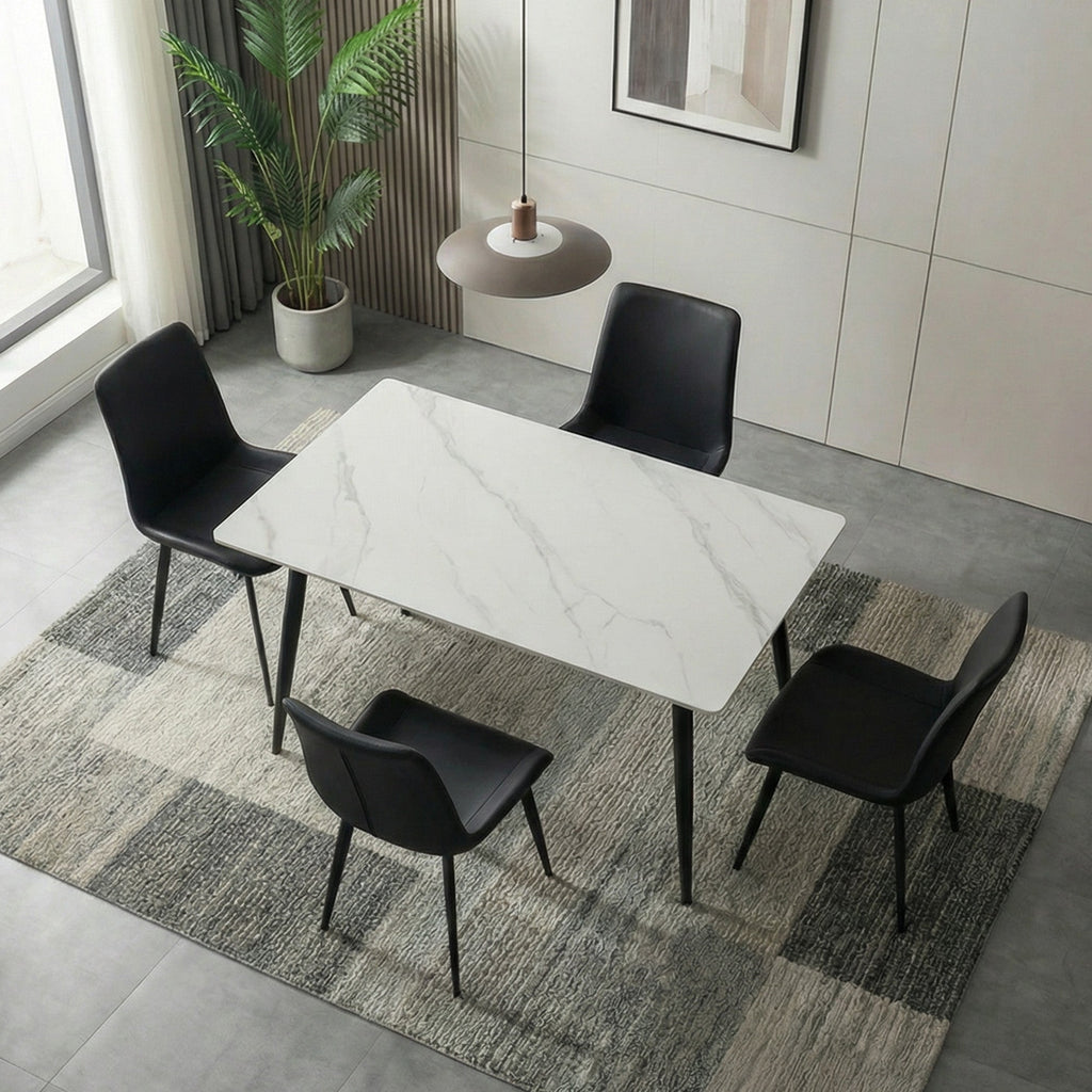 White Faux Marble Rectangular Dining Table with Black Metal Legs, Seats up to 4