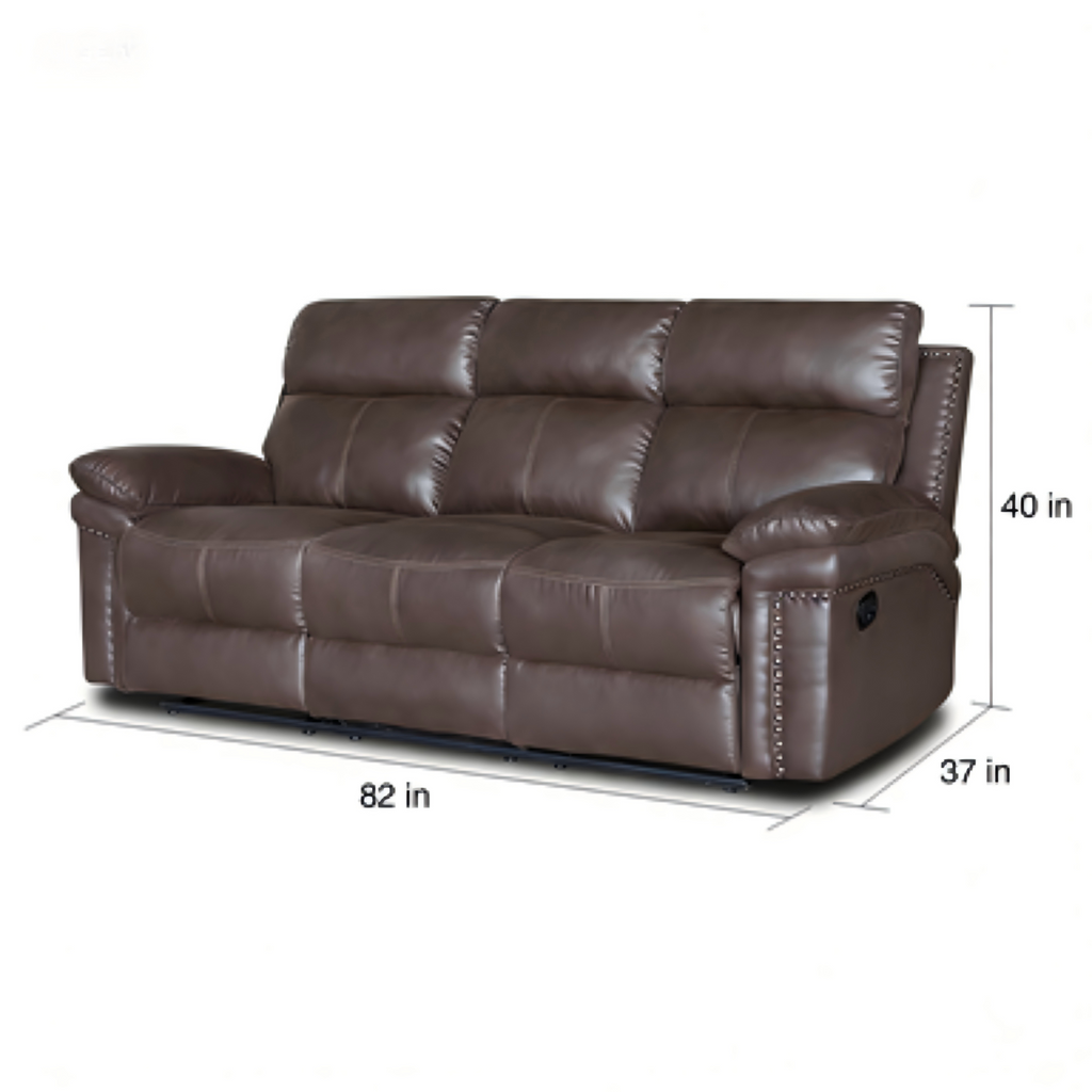 Brown leather sofa with dimensions on a white background