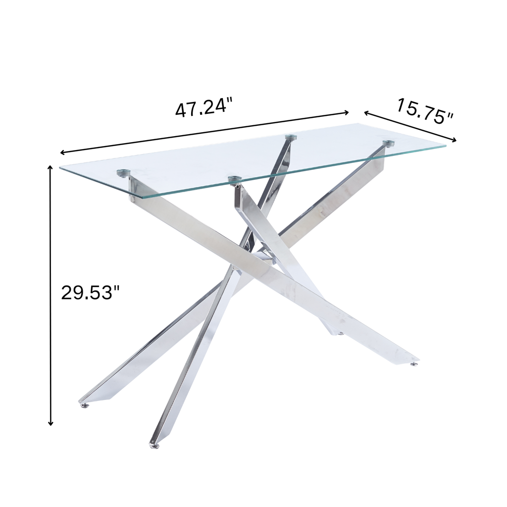 47.24" Modern Console Table, 8MM Clear Tempered Glass Top with Chrome Crossed Metal Base, Easy to Clean