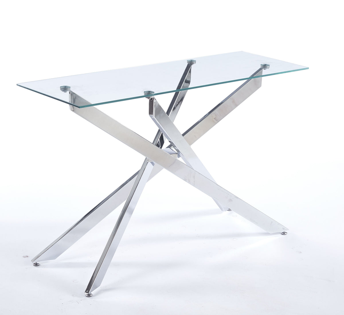 47.24" Modern Console Table, 8MM Clear Tempered Glass Top with Chrome Crossed Metal Base, Easy to Clean