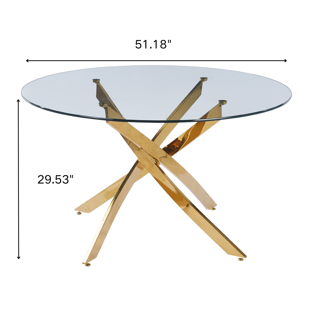 51.18" Round Dining Table, 10MM Clear Tempered Glass Top with Golden Crossed Metal Base, Easy to Clean