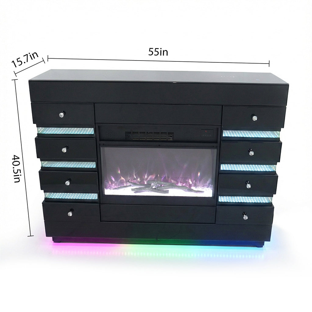 Fully Assembled 55" Mirrored Fireplace with RGB Ambiance and Wireless charging