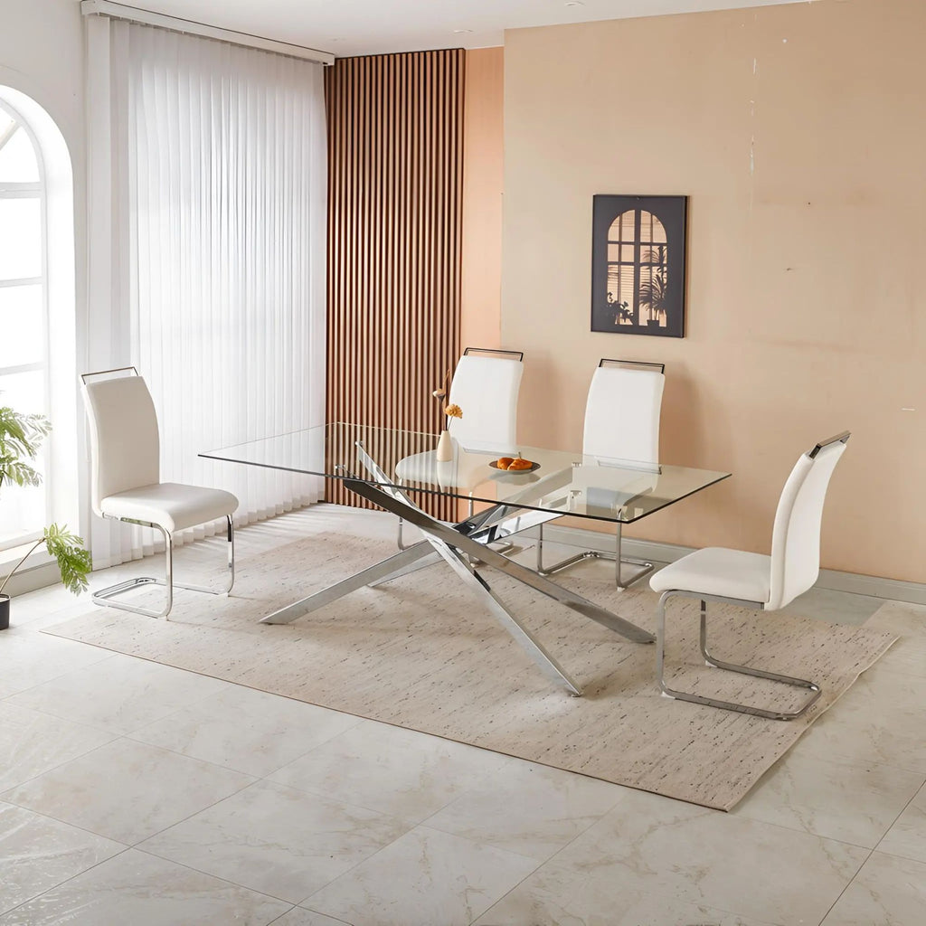 78.74" Large Dining Table for Kitchen & Living Room, Clear Tempered Glass Top with Gold Geometric Legs