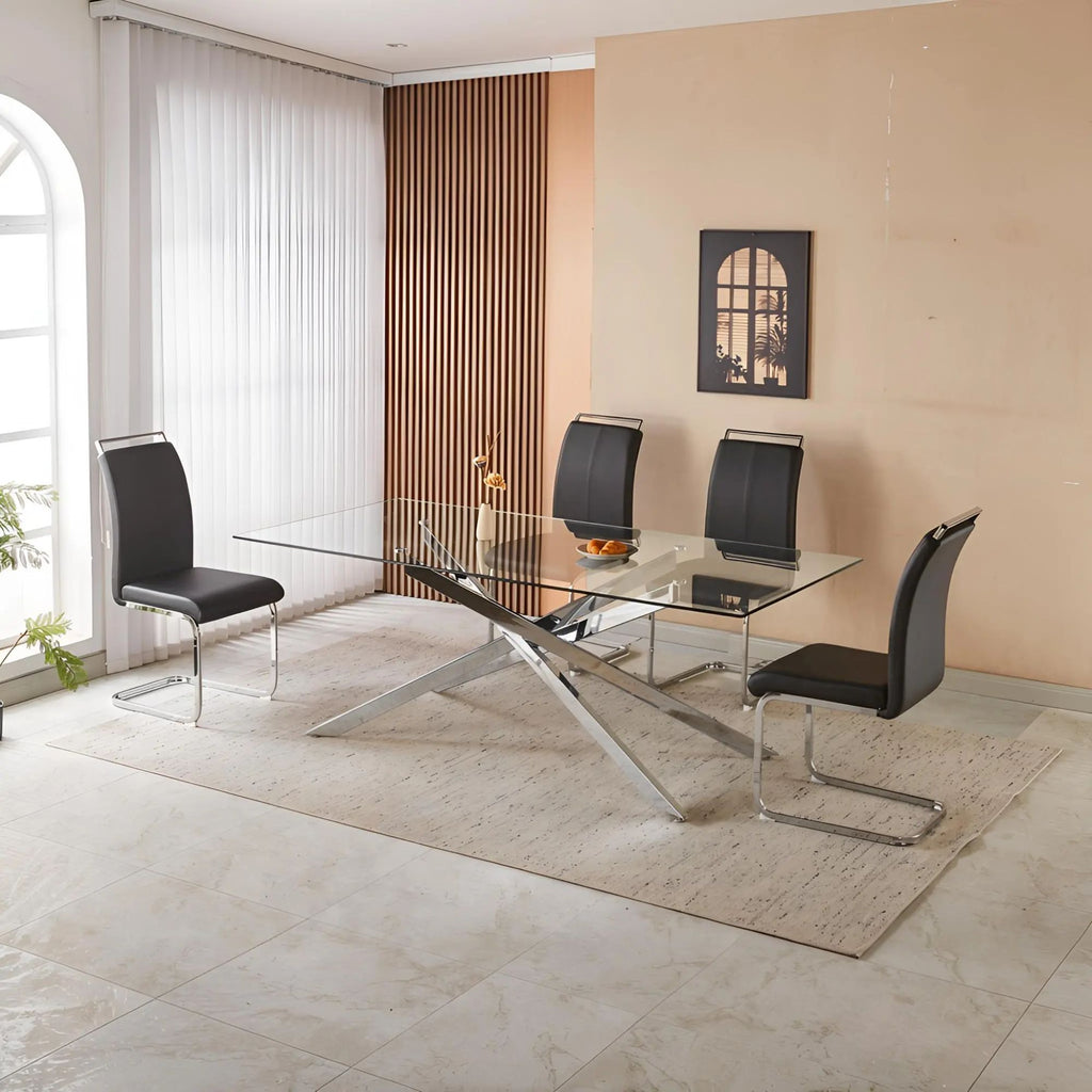 78.74" Large Dining Table for Kitchen & Living Room, Clear Tempered Glass Top with Gold Geometric Legs