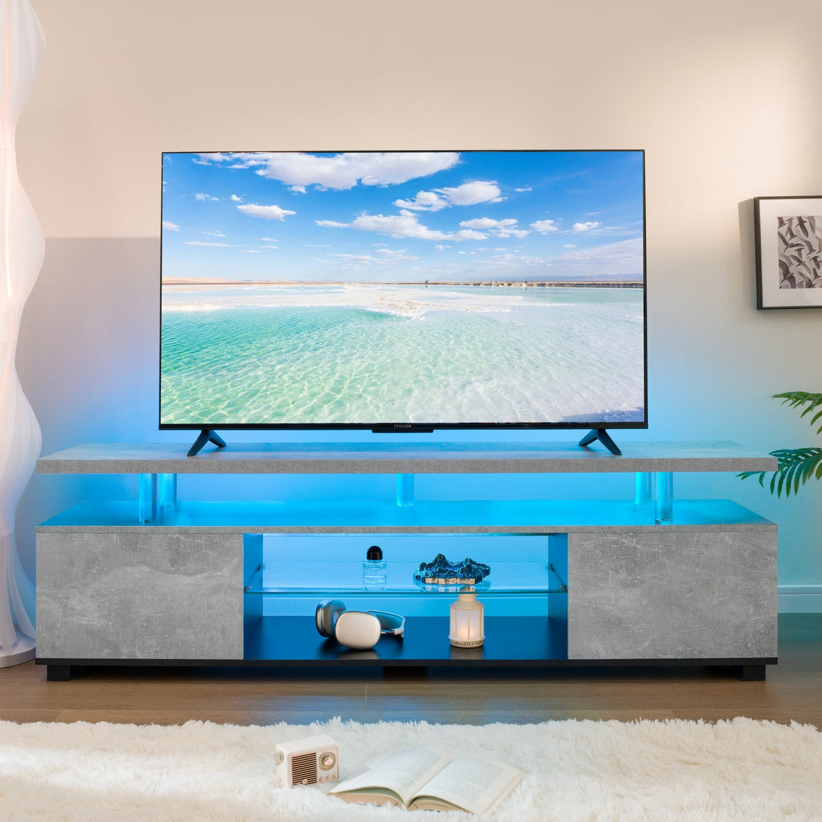 TV Stand LED Gaming Entertainment Center Media Storage Console Table with Large Side Cabinet for Living Room