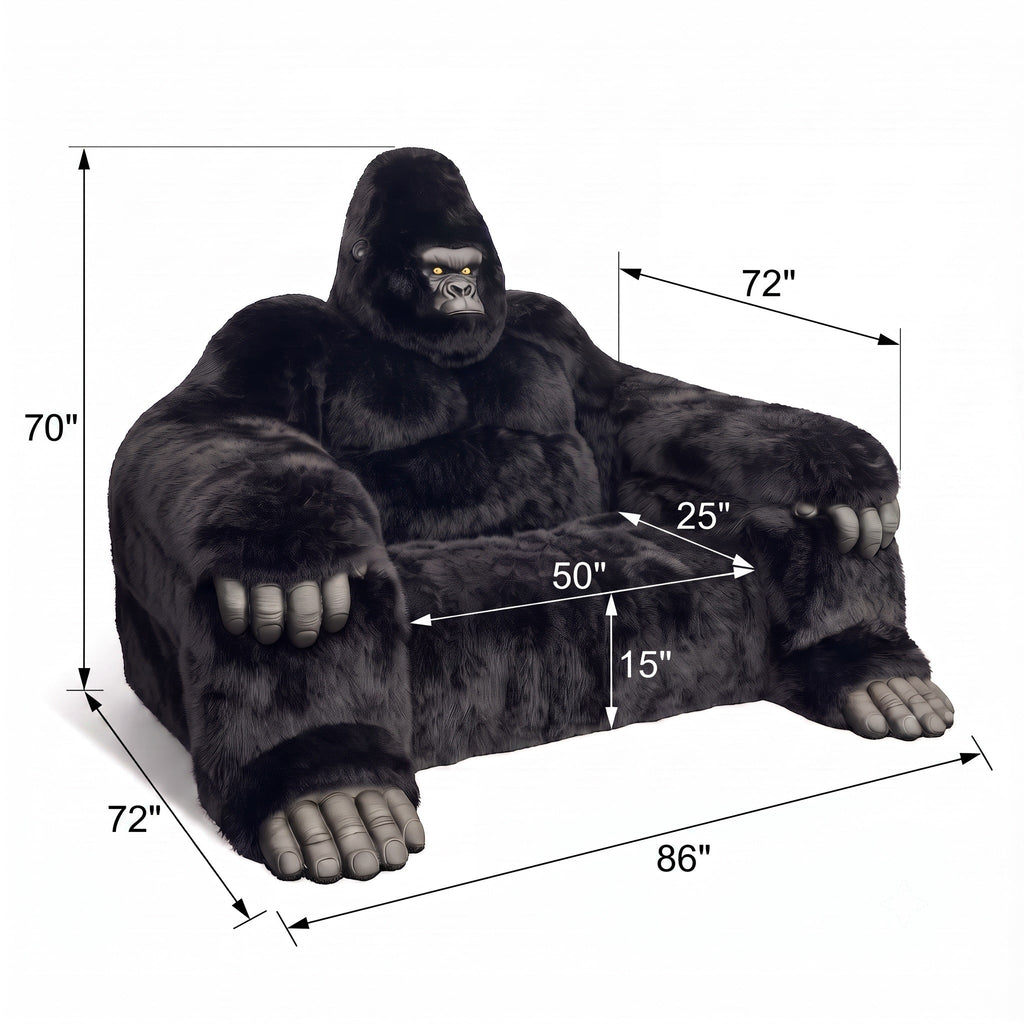 A gorilla-shaped armchair with dimension callouts showing its height, width, and depth measurements on a white background.