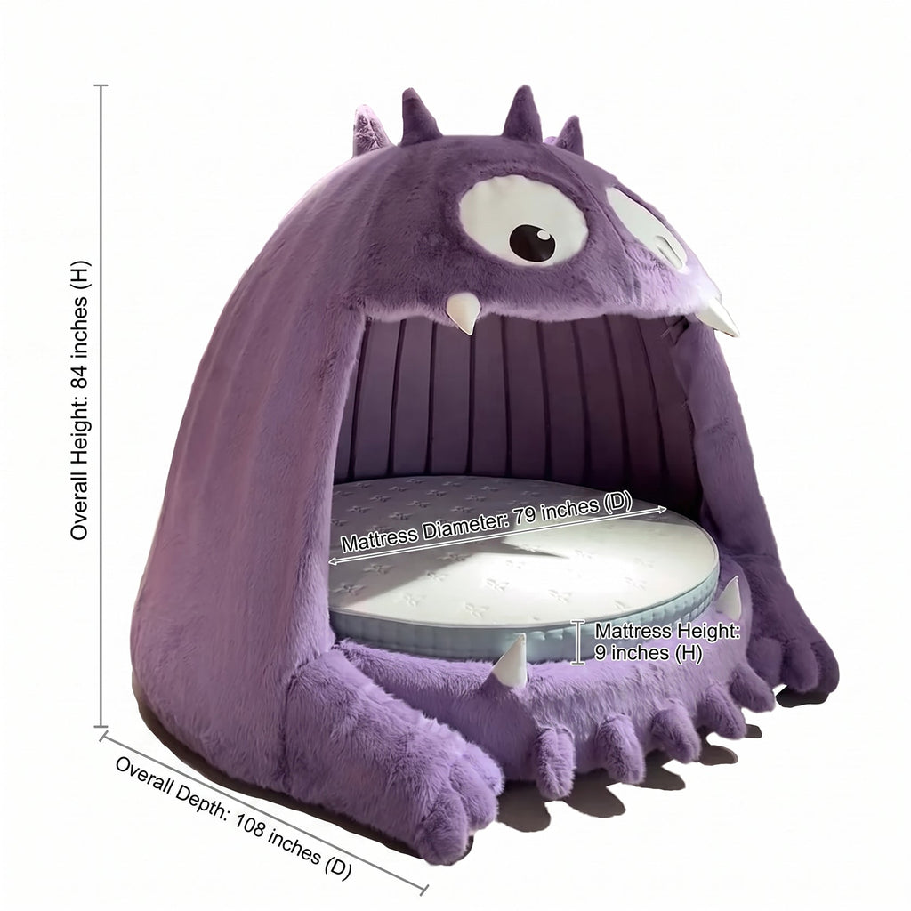 Purple monster-shaped pet bed with dimension labels showing overall height of 84 inches, overall depth of 108 inches, and mattress depth of 70 inches on a white background.