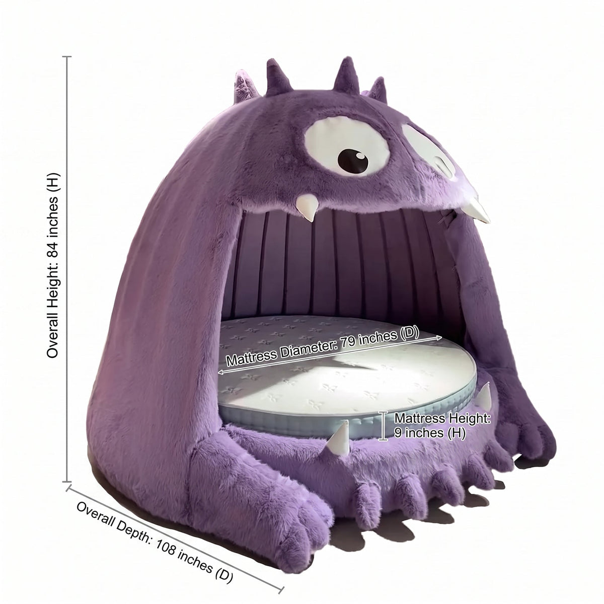 Purple monster-shaped pet bed with dimension labels showing overall height of 84 inches, overall depth of 108 inches, and mattress depth of 70 inches on a white background.