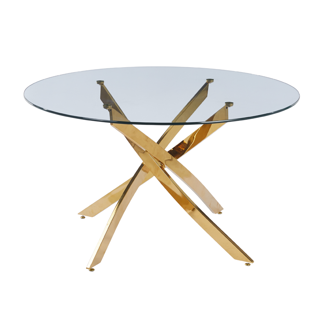 51.18" Round Dining Table, 10MM Clear Tempered Glass Top with Golden Crossed Metal Base, Easy to Clean