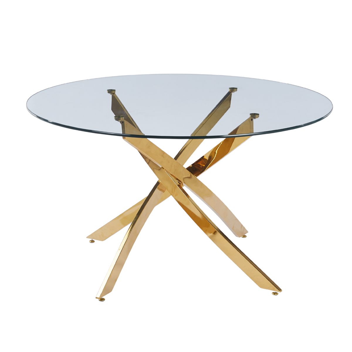 51.18" Round Dining Table, 10MM Clear Tempered Glass Top with Golden Crossed Metal Base, Easy to Clean