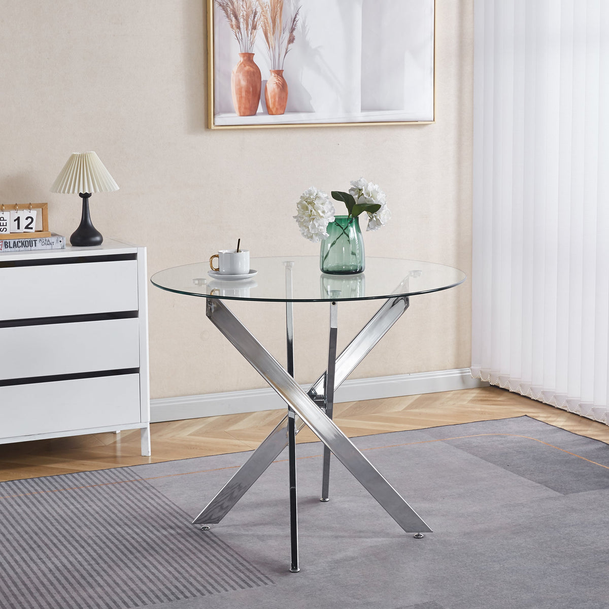 Modern Round Glass Dining Table - Chrome And Black Cross Legs
