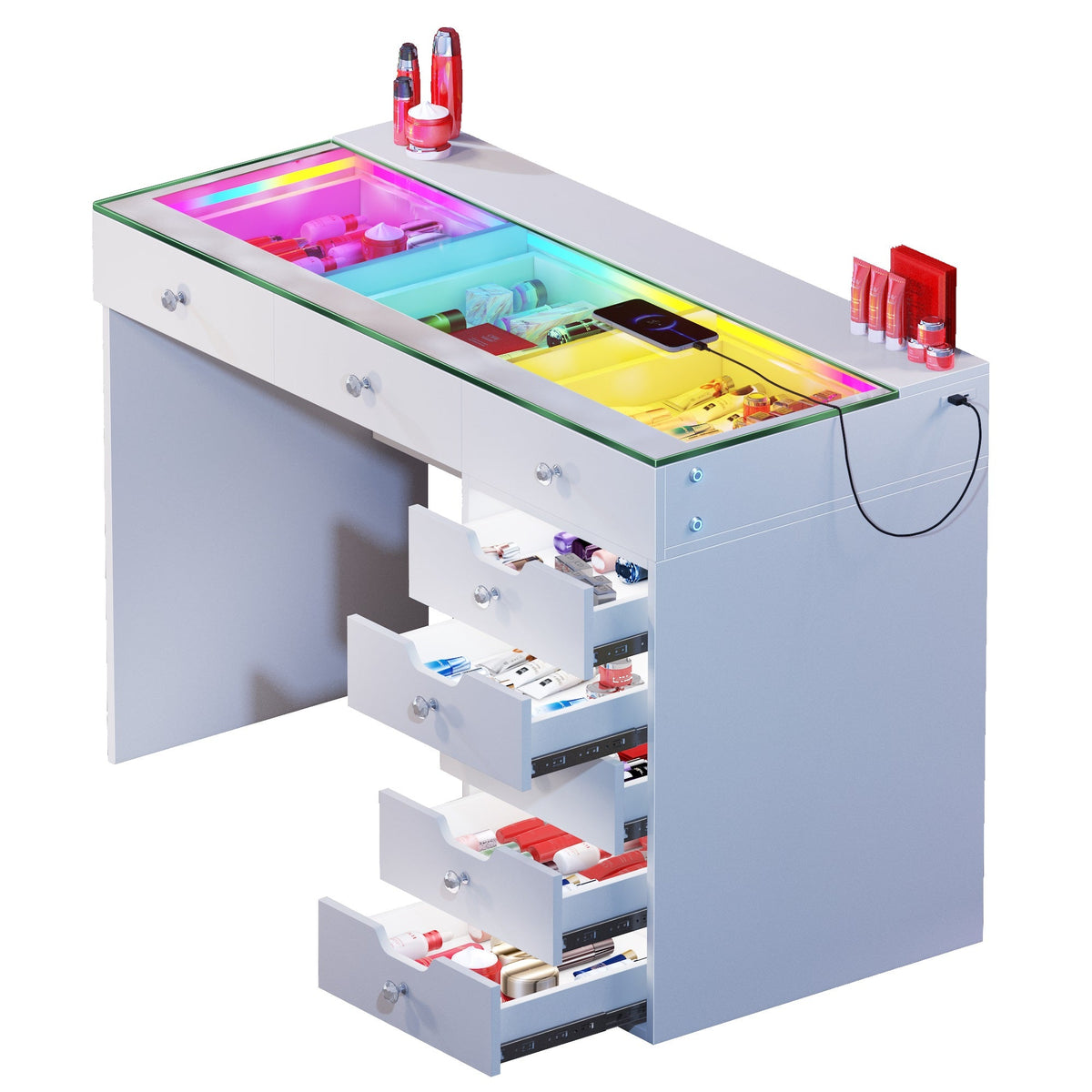 Vanitii Diana RGB vanity desk with glass top and eight storage drawers filled with cosmetics