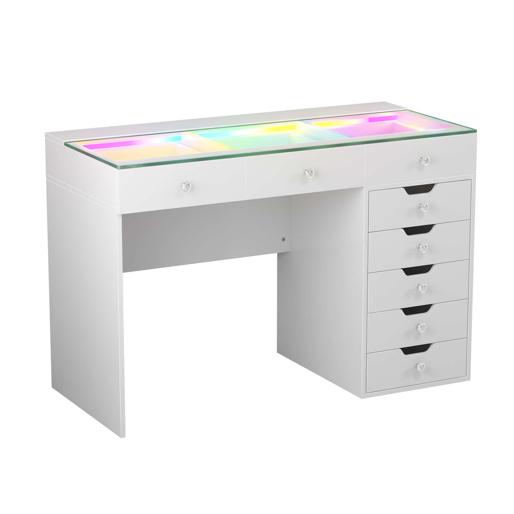 Vanitii Diana vanity desk with eight storage drawers and a glass top featuring integrated LED lighting