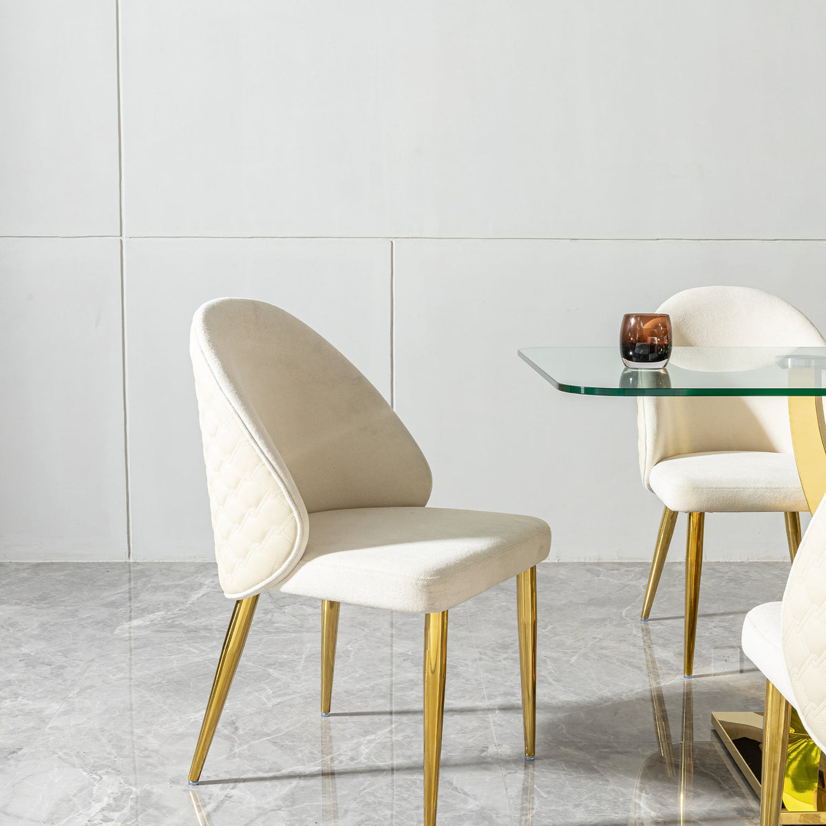 Modern Dining room chair stainless steel legs light yellow PU leather of back cushion&beige velvet of front cushion