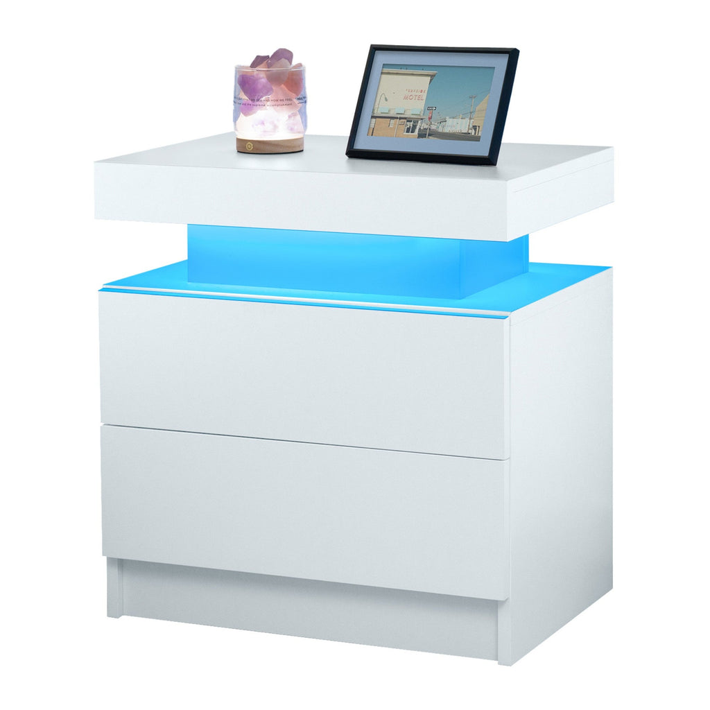 Nightstand LED Bedside Table Cabinet Lights Modern End Side with 2 Drawers for Bedroom (White)