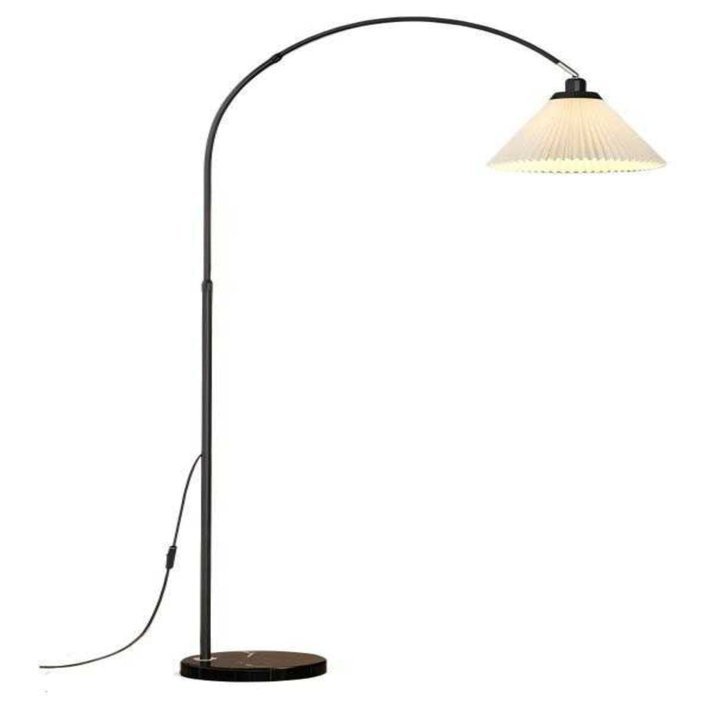 Black Arc Floor Lamp - Modern "fishing lamp" with soft pleated shade, ideal for sofa-side reading in living rooms and bedrooms