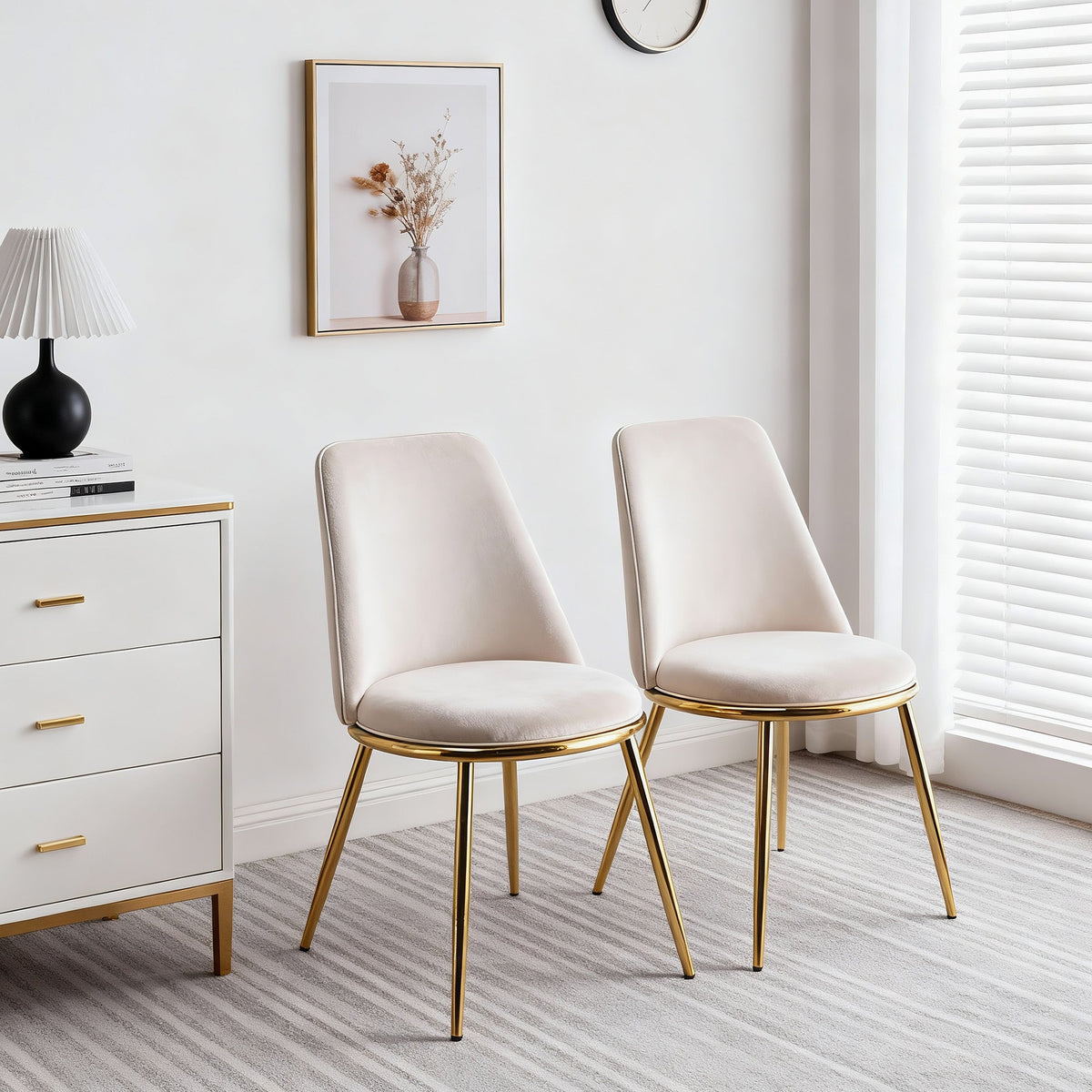 Modern Cream White Dining Chair  - Gold-Plated Metal Legs, Velvet Upholstery 2pCS/CTN
