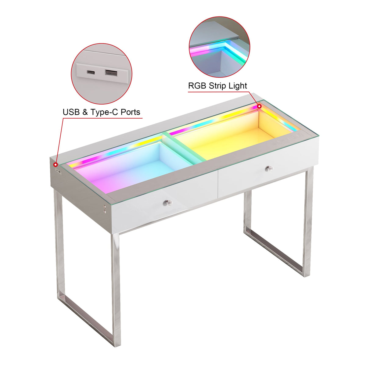 Vanitii Alice RGB vanity desk with two drawers, glass top, integrated RGB lighting, and USB and Type-C charging ports