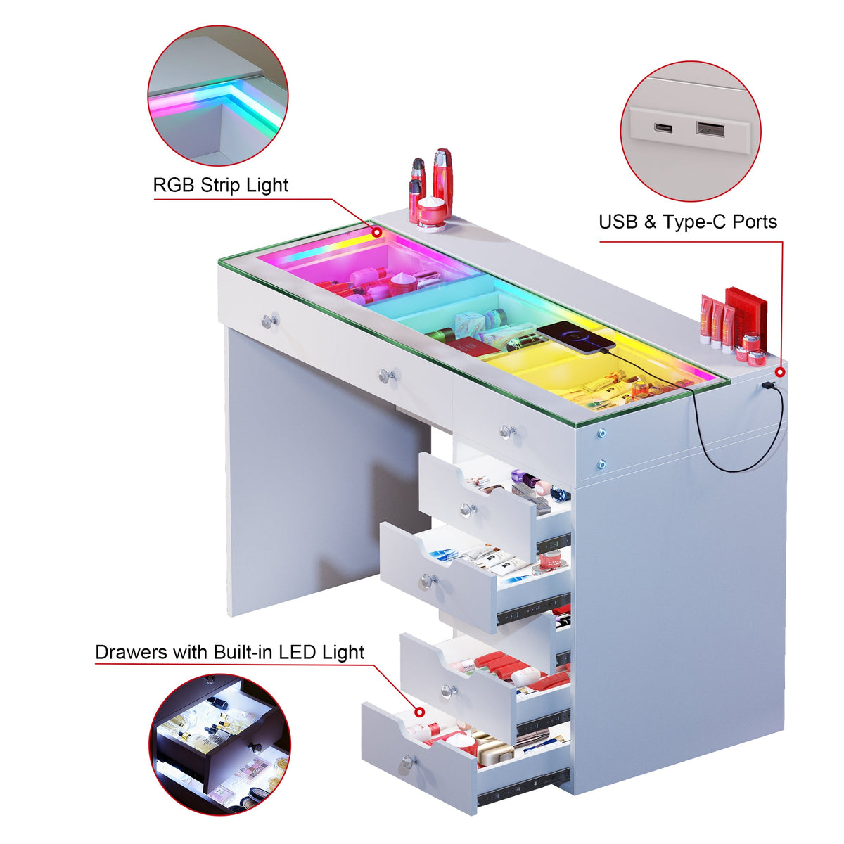 Vanitii Diana RGB vanity desk with glass top, eight storage drawers, LED lighting, and USB and Type-C charging ports