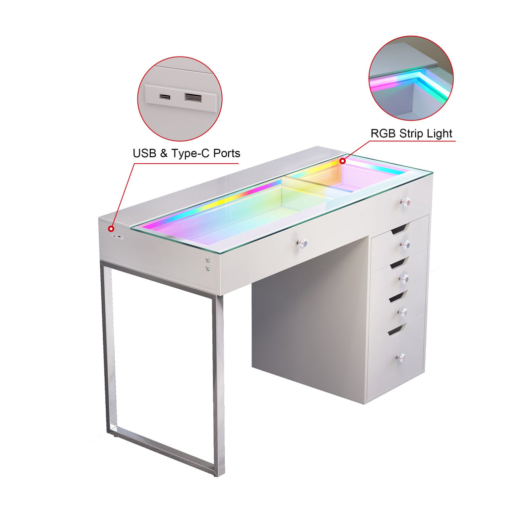 Vanitii Diana RGB vanity desk with six drawers, glass top, USB and Type-C ports, and integrated RGB strip lighting
