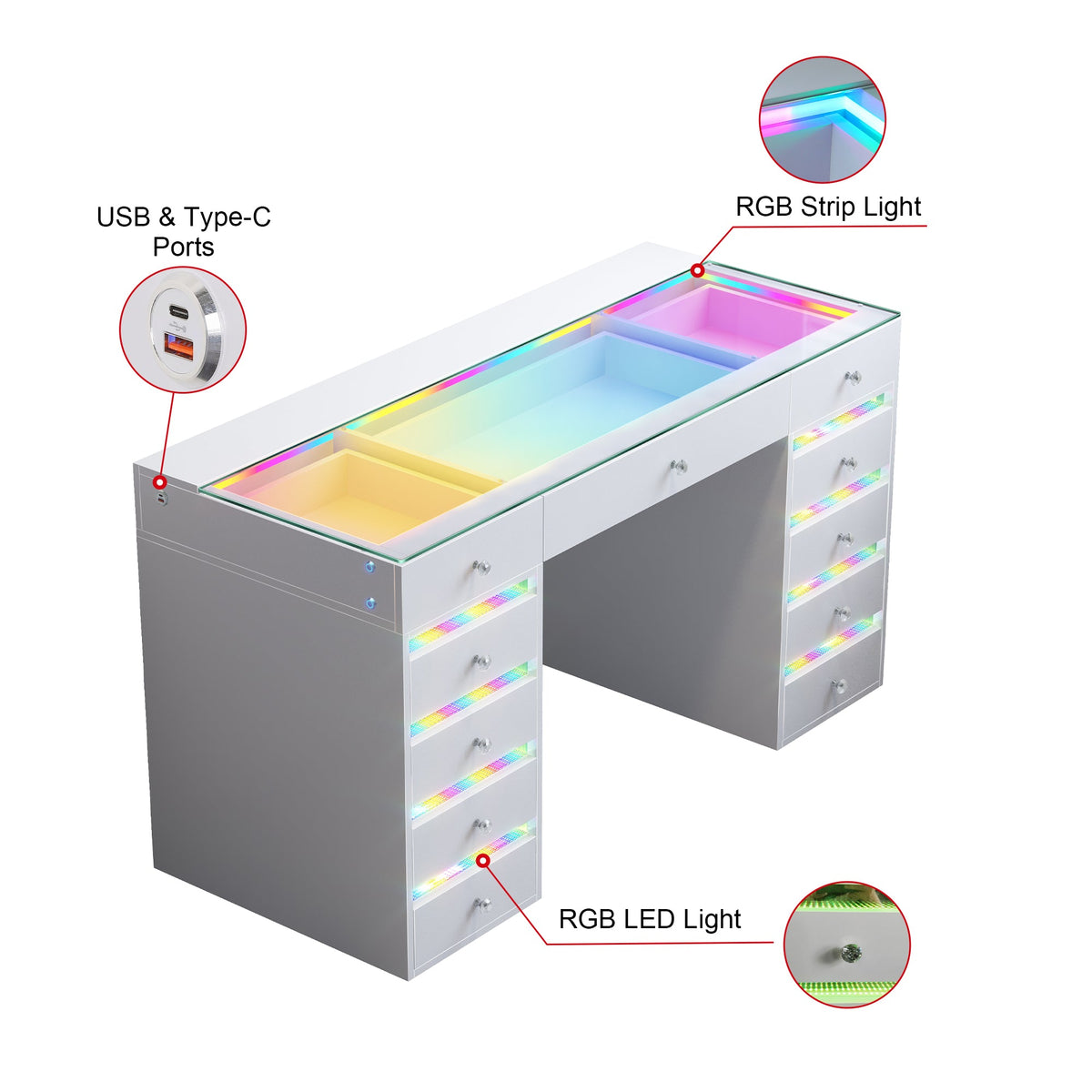 VANITII Fenair Drawer Vanity Table with RGB Lighting