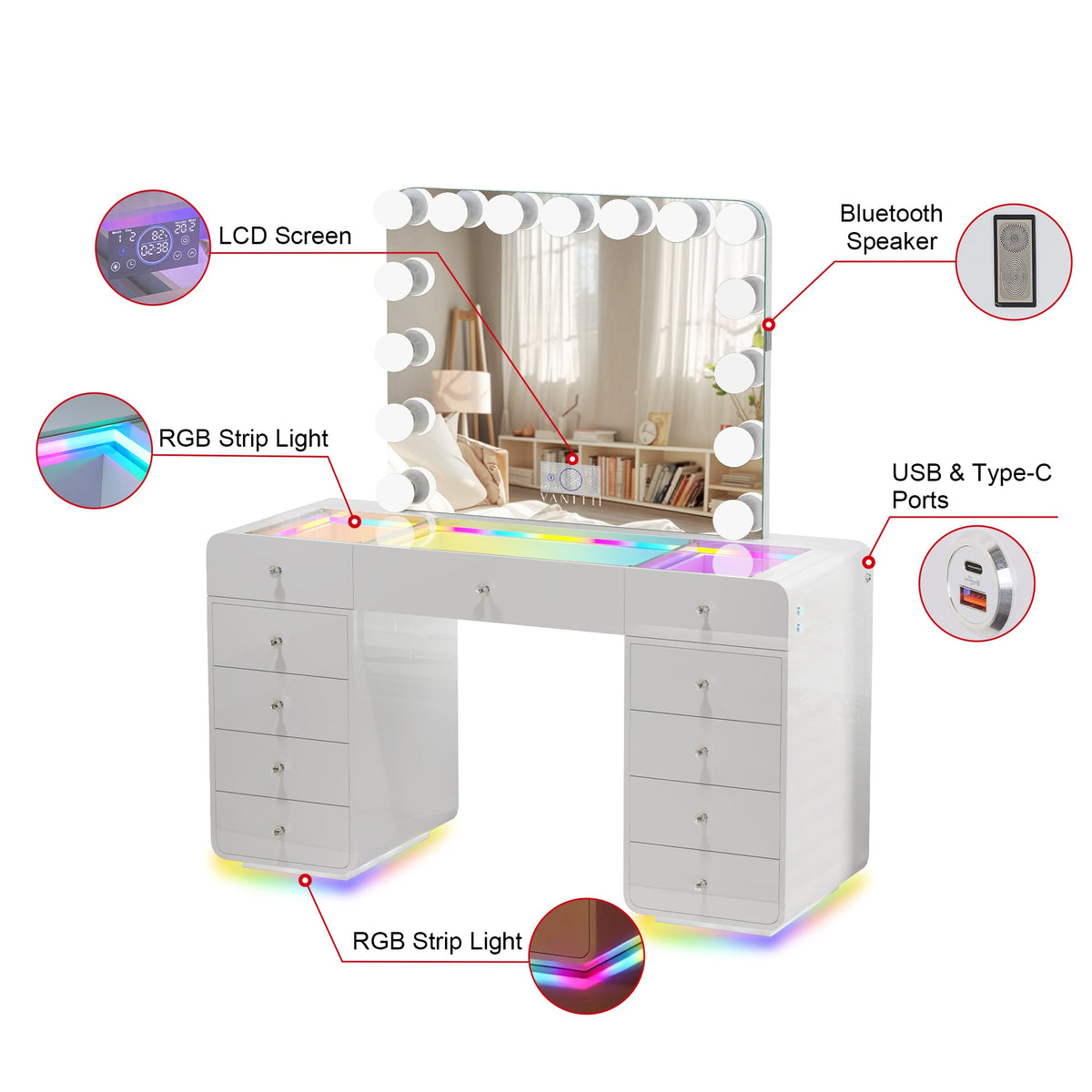 VANITII Catalina Vanity Desk with RGB light including vanity mirror