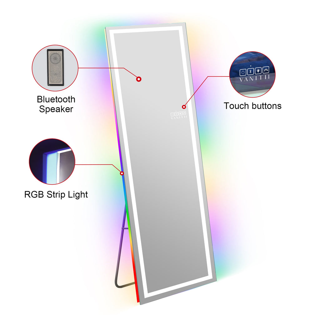 Vanitii Luxury Full Length Vanity Mirror Pro with Bluetooth speaker, touch buttons, and RGB strip light features