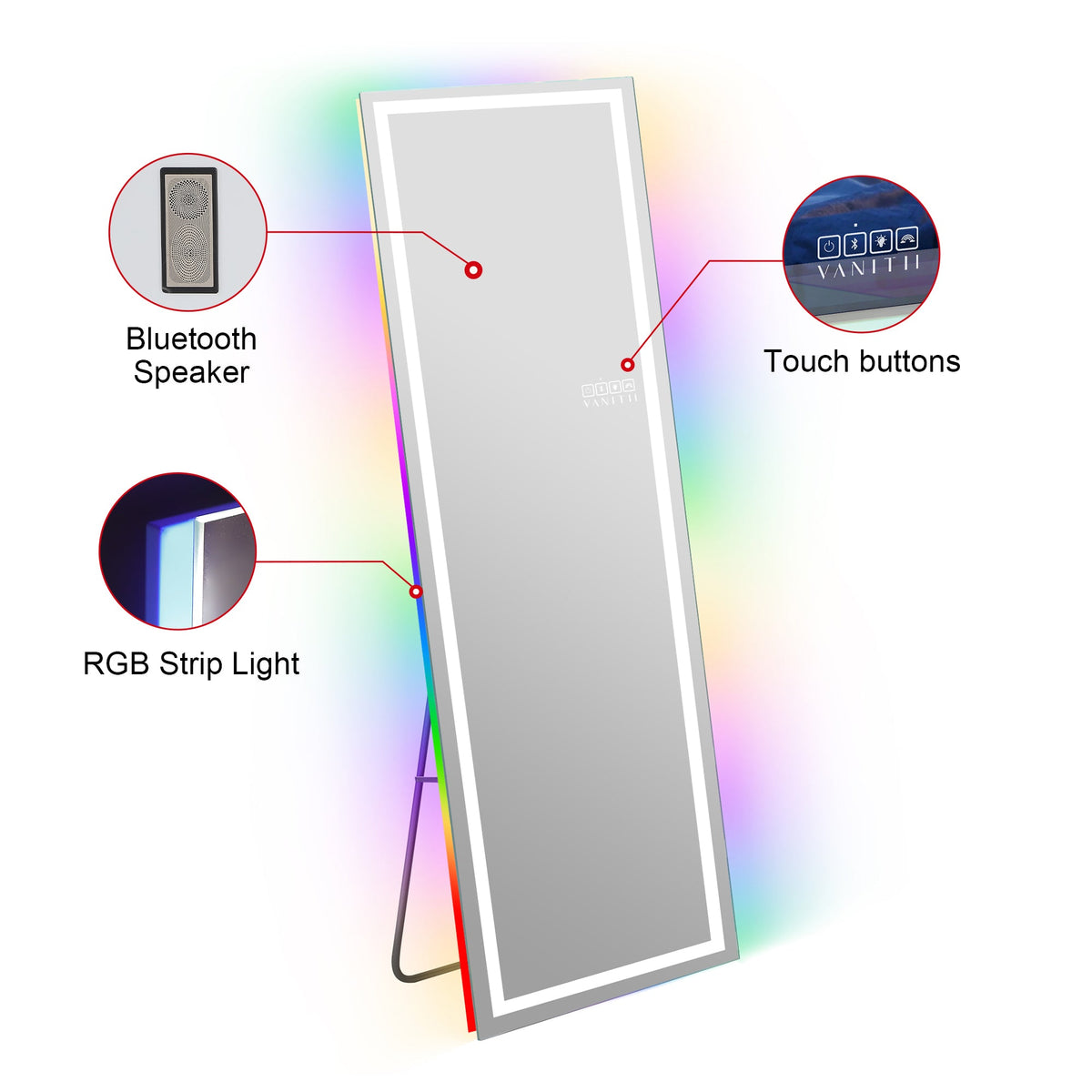 Vanitii Luxury Full Length Vanity Mirror Pro with Bluetooth speaker, touch buttons, and RGB strip light features