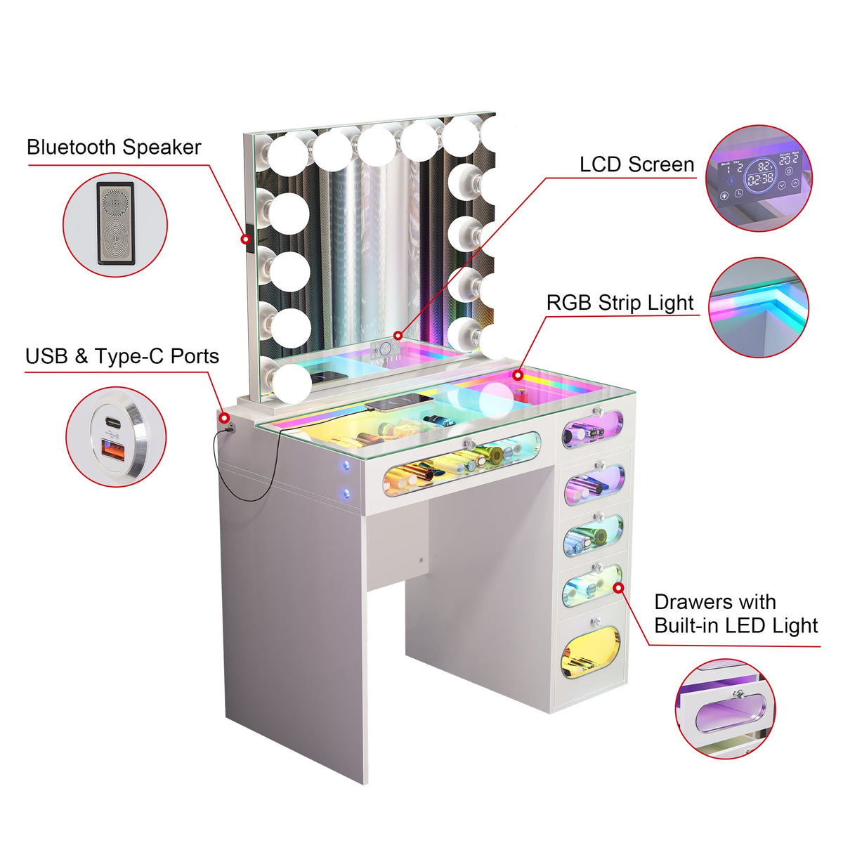 VANITII 6 Glass Fronted Drawers Vanity Desk with Marilyn Vanity Mirror