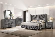 Gray bedroom furniture set with tufted headboard and matching nightstands.