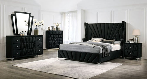 Black bedroom furniture set with a bed, dresser, and nightstands in a room.