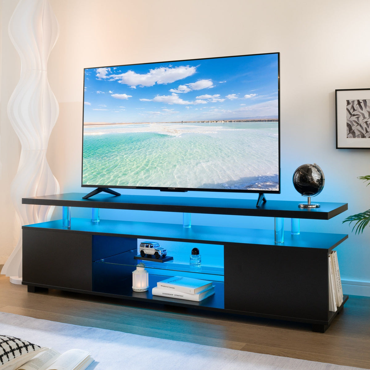 TV Stand LED Gaming Entertainment Center Media Storage Console Table with Large Side Cabinet for Living Room