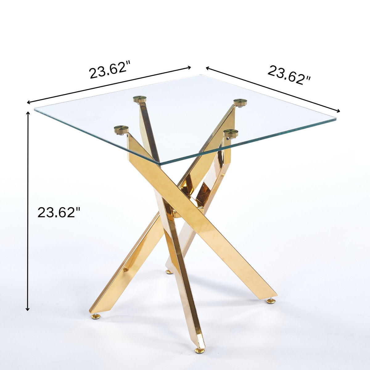 23.62" Modern End Table, 8MM Clear Tempered Glass Top with Golden Crossed Metal Base, Easy to Clean