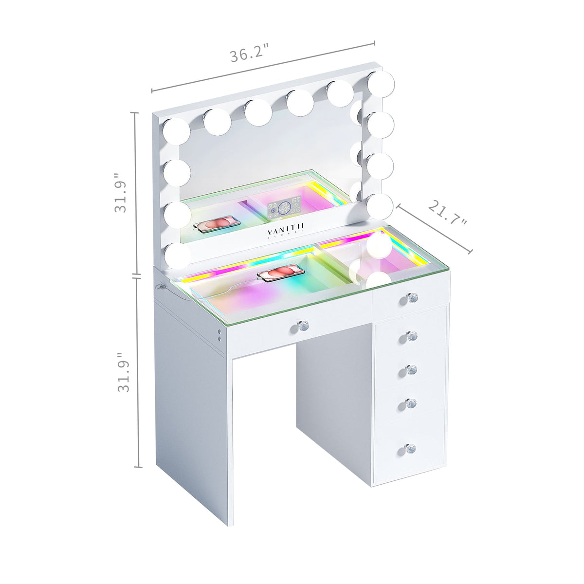 Vanitii Cindy vanity set with dimensions showing white desk with lighted mirror and glass top with rainbow lighting