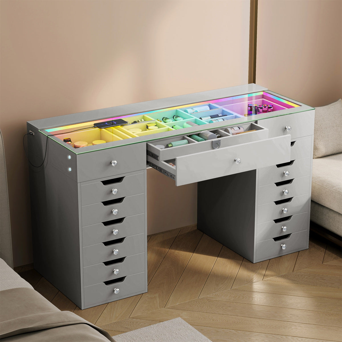 Vanitii Lisa Vanity Desk Pro with glass top storage and integrated rainbow LED lighting