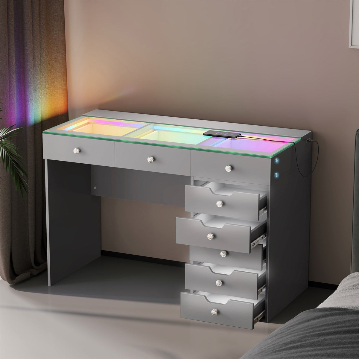 Vanitii Diana RGB vanity desk with glass top and eight storage drawers