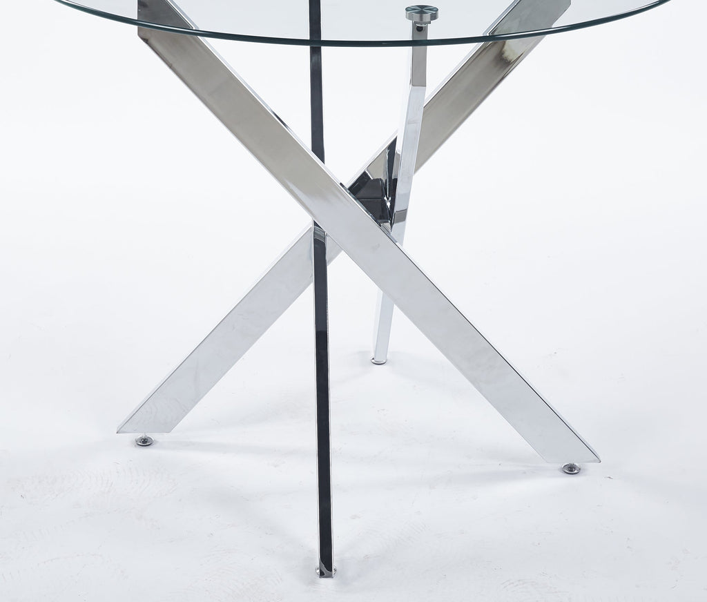 Modern Round Glass Dining Table - Chrome And Black Cross Legs