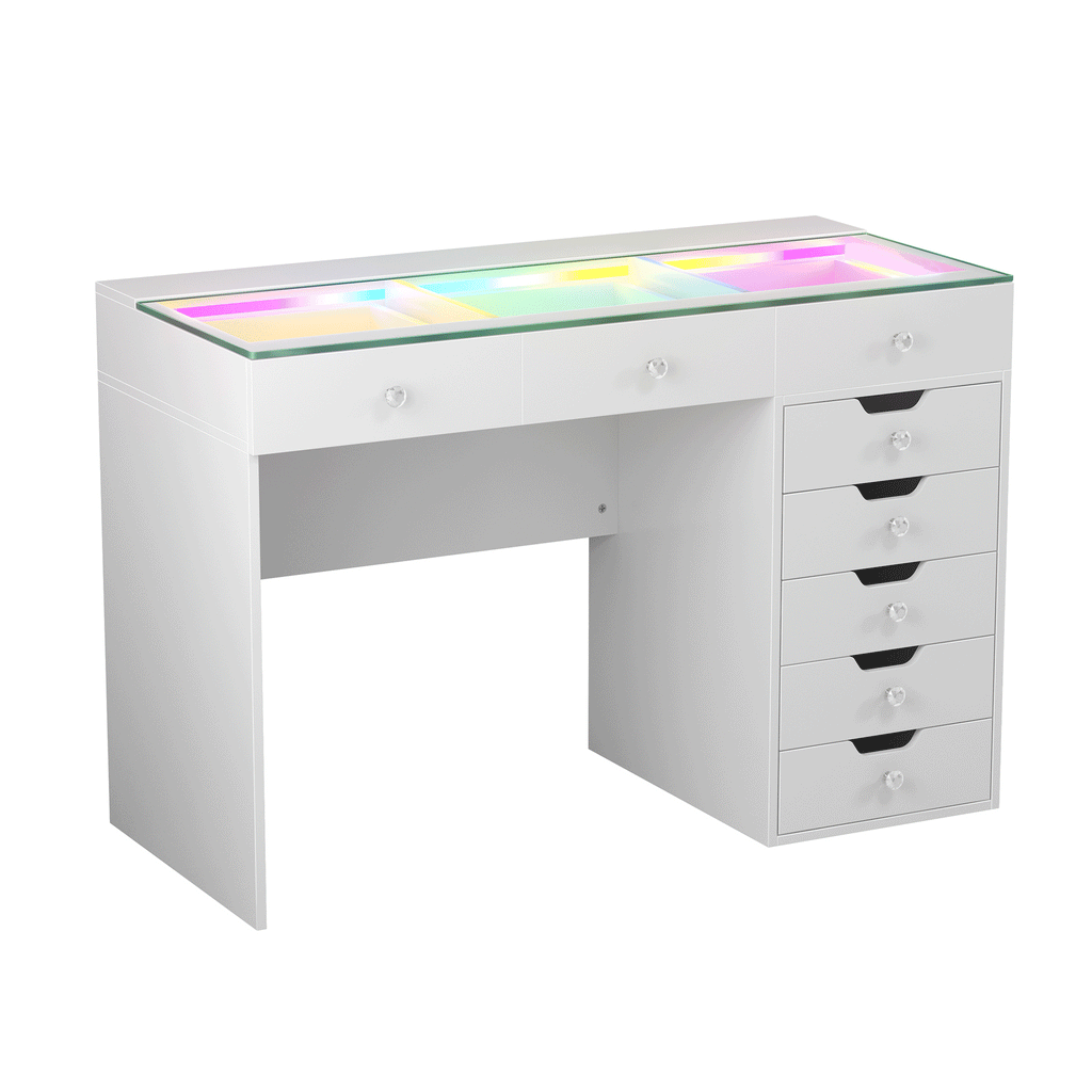 Vanitii Diana Vanity Desk Pro with eight storage drawers and a glass top featuring integrated LED lighting