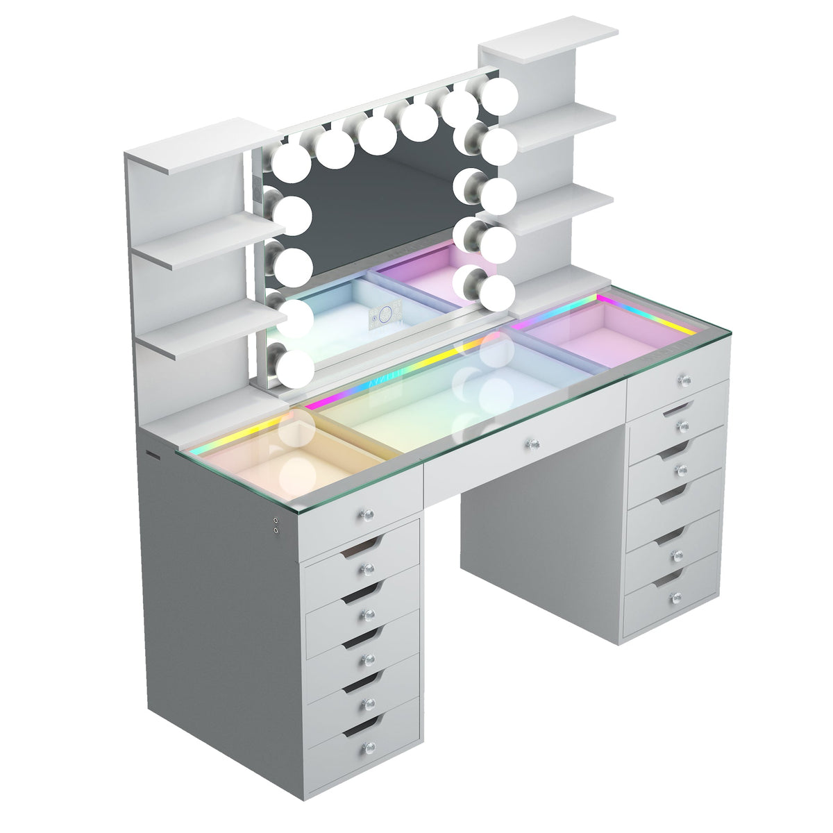 Vanitii white vanity desk with illuminated display shelves mirror and multiple storage drawers