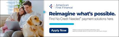 American First Finance advertisement banner for applying for no credit needed financing. A picture of a couple sitting down and applying.