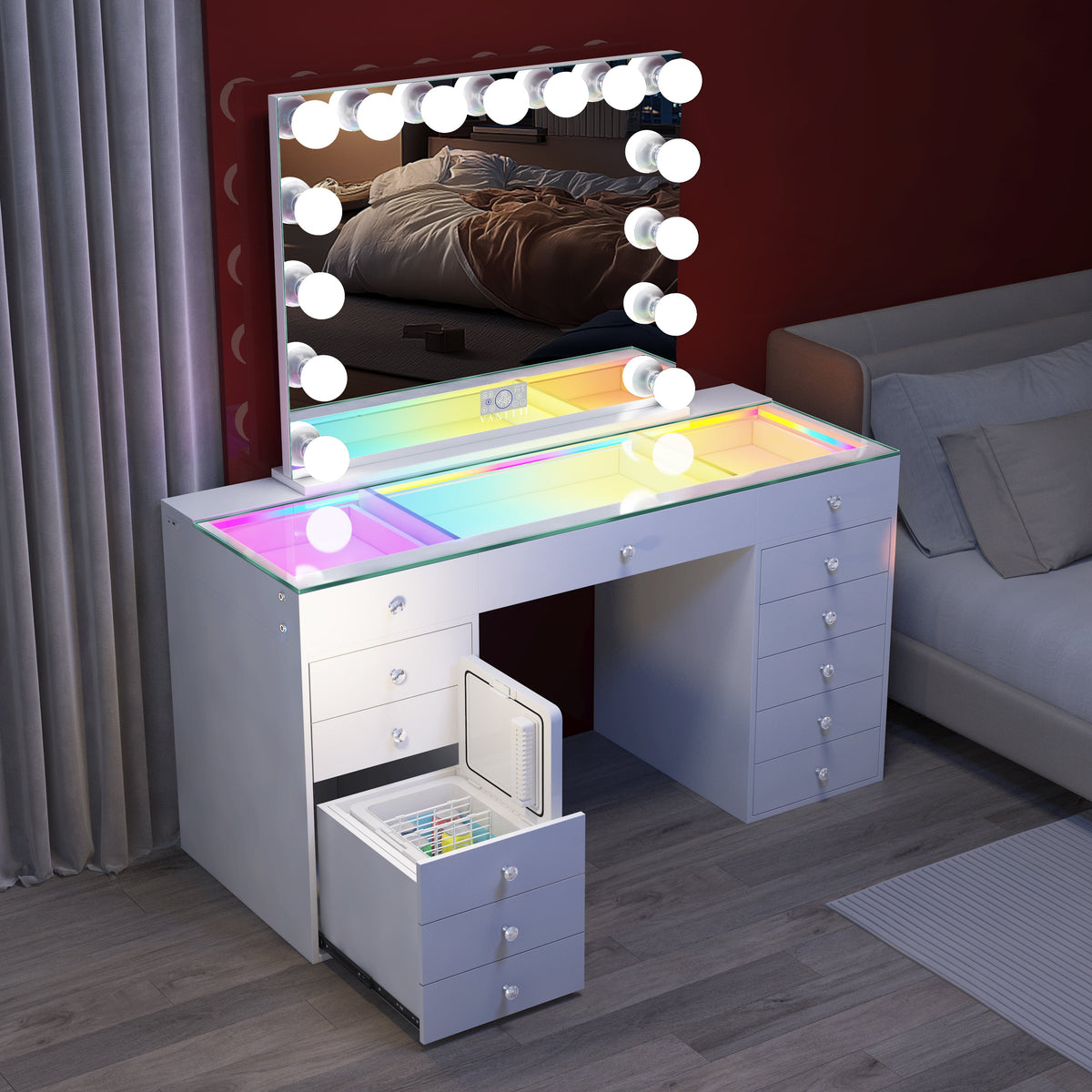 VANITII Vanity Desk with Fridge & 10 Storege Drawers
