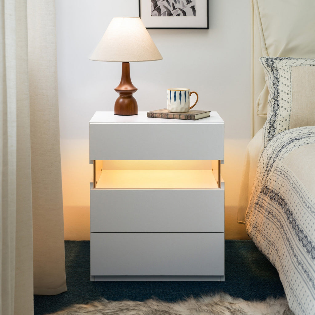LED Nightstands 3 Drawer Dresser for Bedroom End Table with Acrylic Board LED Bedside Tables for Bedroom Living Room