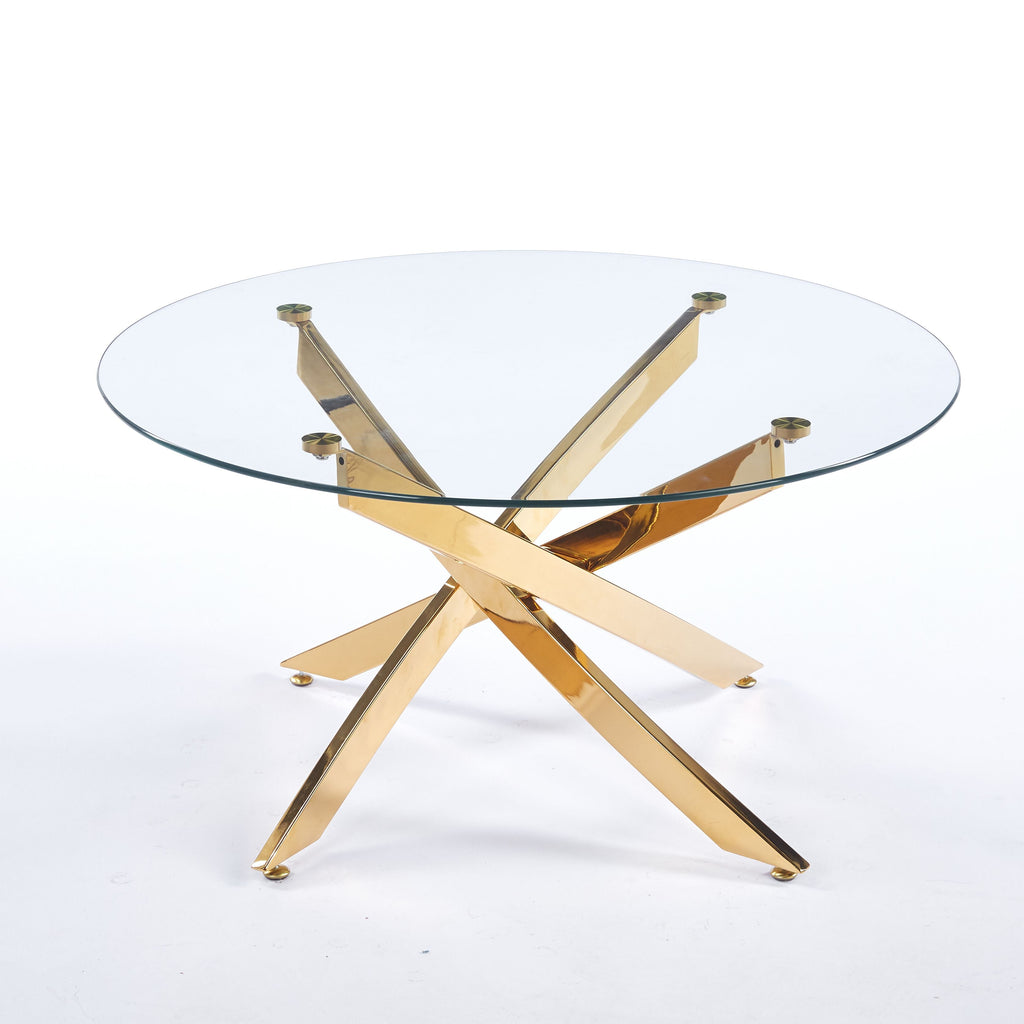 35.43" Round Coffee Table, 8MM Clear Tempered Glass Top with Golden Crossed Metal Base, Easy to Clean