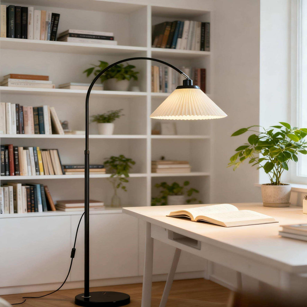 Black Arc Floor Lamp - Modern "fishing lamp" with soft pleated shade, ideal for sofa-side reading in living rooms and bedrooms