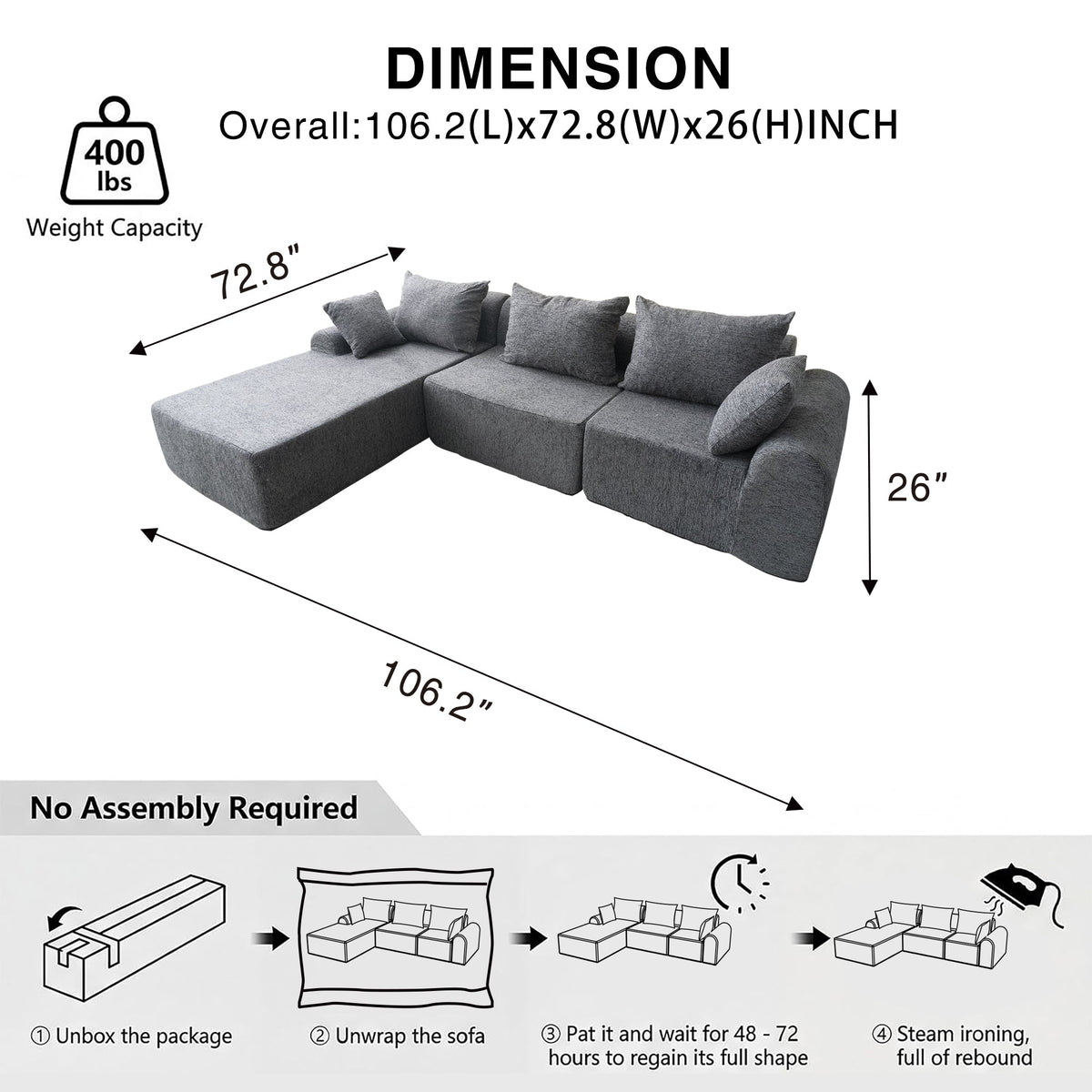 VANITII Modular Compressed Sectional Sofa - Multi-Piece Compressible Sofa Set