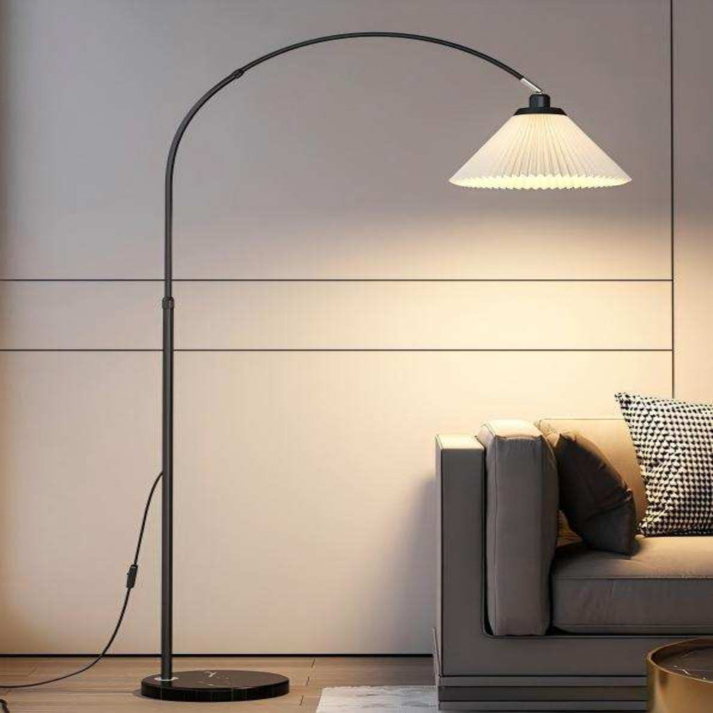 Black Arc Floor Lamp - Modern "fishing lamp" with soft pleated shade, ideal for sofa-side reading in living rooms and bedrooms