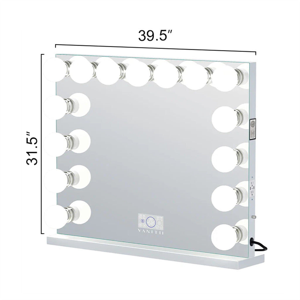 Vanitii Marilyn Hollywood vanity mirror with 15 LED bulbs showing 39.5 inch width and 31.5 inch height dimensions