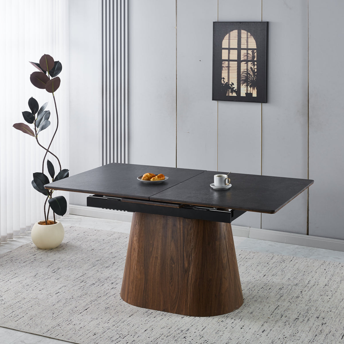 Extendable Black Ceramic Dining Table with Cone Base (62.99 / 78.74 × 35.43 × 29.53)