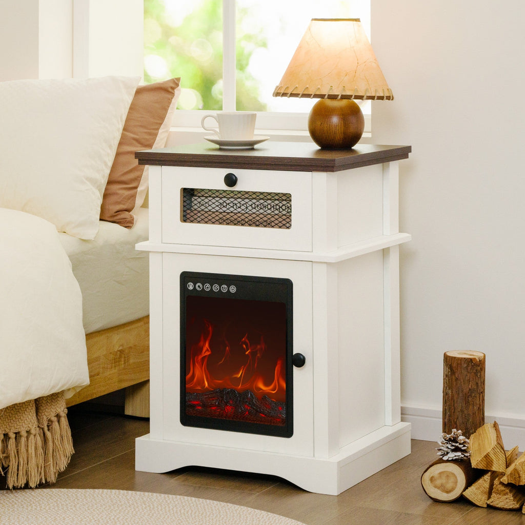 LED Nightstand with Drawer and 3D Fireplace Flame for Bedroom and Living Room