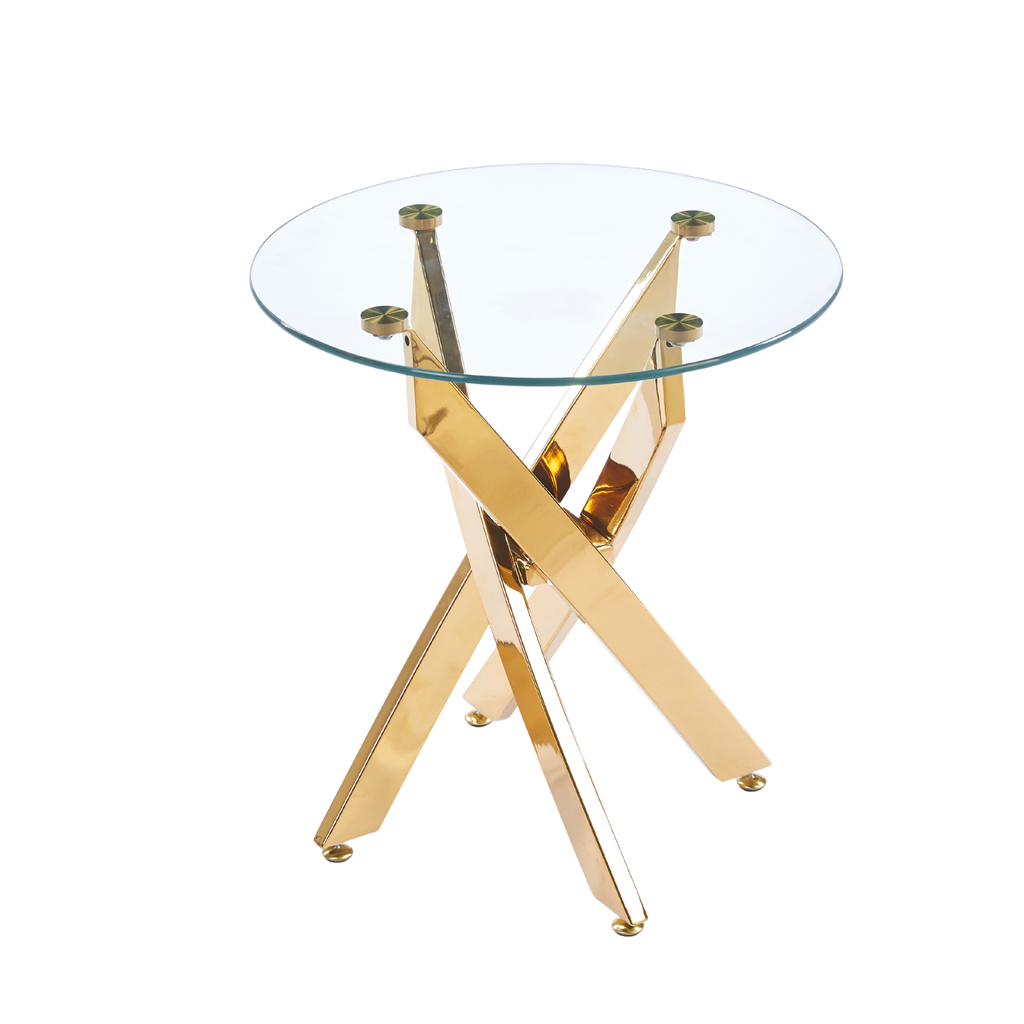 19.69" Round End Table, 8MM Clear Tempered Glass Top with Golden Crossed Metal Base, Easy to Clean